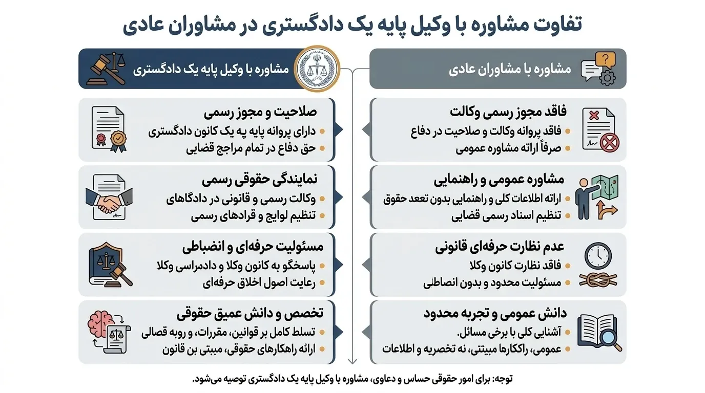 تفاوت مشاوره با وکیل پایه یک دادگستری در مقایسه با مشاوران عادی